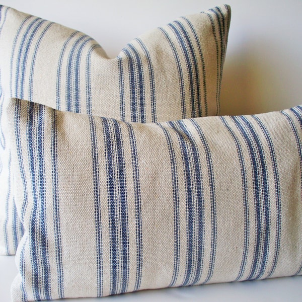 Grain Sack Pillow Cover, Blue Farmhouse Pillow Blue Cottage Pillow French Grain Sack 0