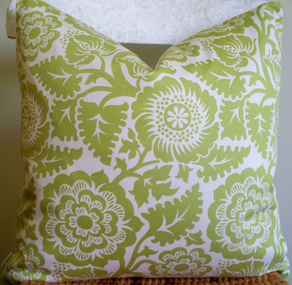 Items similar to Decorative Pillow Green Lime Floral Lined 18X18 Ivory
