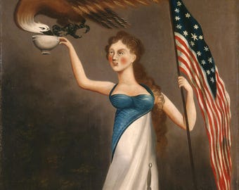 Lady Liberty c.1810 - DIGITALE DOWNLOAD Antiek olieverfschilderij - Koloniaal Amerika - Vlag Patriottische Adelaar - Americana Vintage Behang Volkskunst