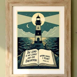 Lighthouse Scripture Art Print | Psalm 27:1 Vintage Style (Digital Download)