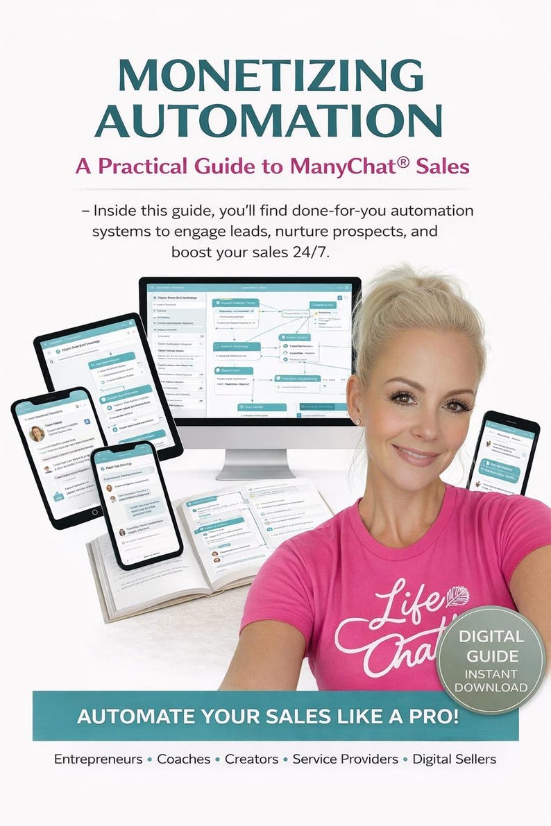 May include: Image of a woman smiling, with a pink shirt that says "Life Chat". The image promotes a guide on "Monetizing Automation" with the text "A Practical Guide to ManyChat Sales". The image includes a computer, tablets, and phones.