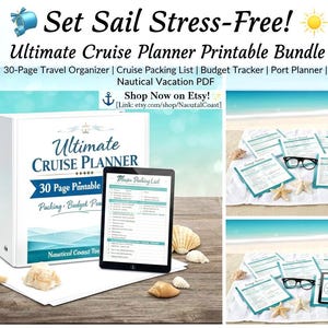 Könnte beinhalten: Ein weißer Ordner und ein Tablet mit einem Kreuzfahrtplaner, mit dem Text "Ultimate Cruise Planner" und "Set Sail Stress-Free!". Das Bild enthält Muscheln, Seesterne und eine Strandszene.