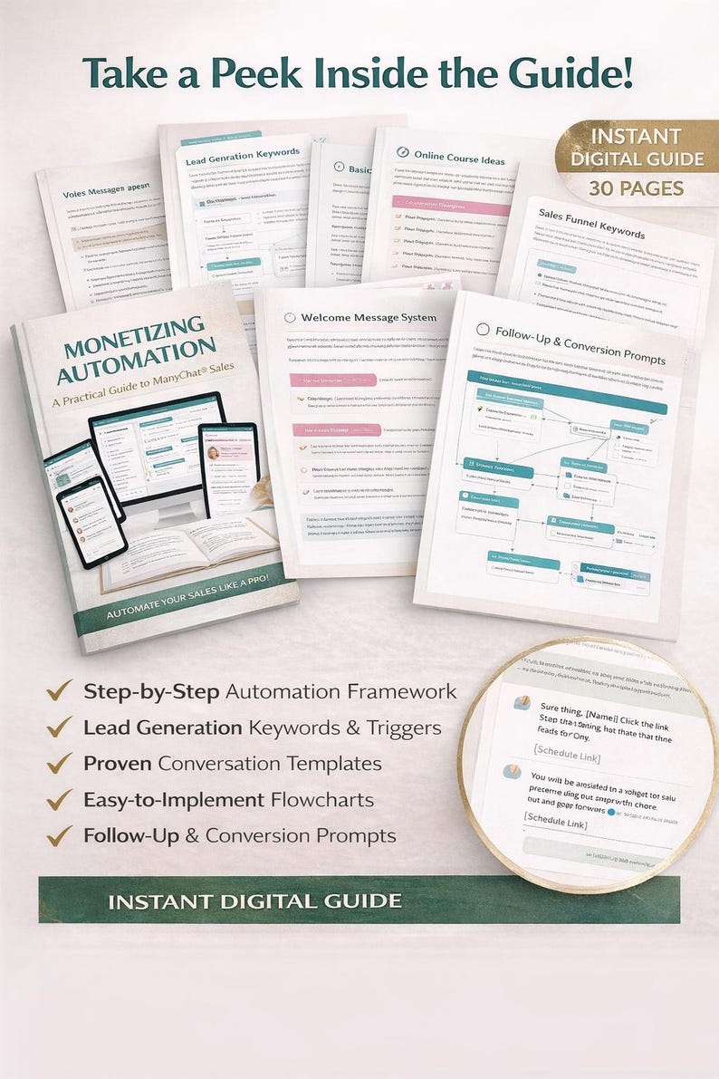 May include: A digital guide titled "Monetizing Automation" with a cover featuring a computer and mobile devices. The guide includes pages on lead generation, sales funnels, and conversation templates. The guide is 30 pages.