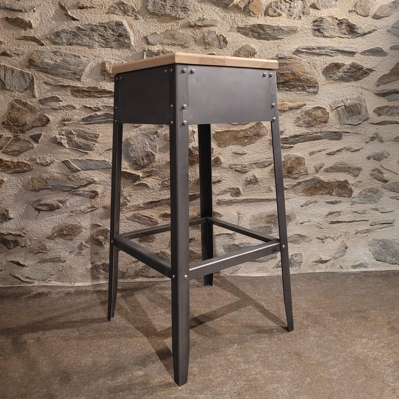 Tabouret De Bar Personnalisable Style Industriel, Assise Bois Frêne, Structure Acier Brossé, Chaise Haute Cuisine, Fait Main En France