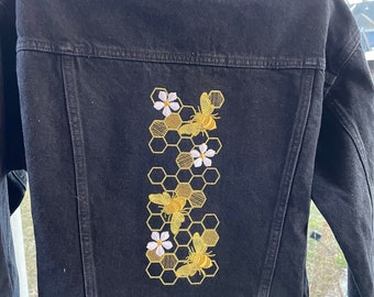 Embroidered Black Denim Jacket / Honeycomb