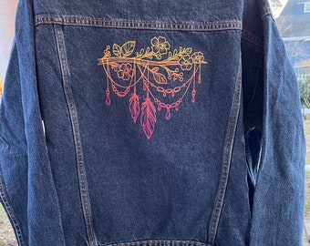 Embroidered Denim Jacket / Feather Branch / tropical colors