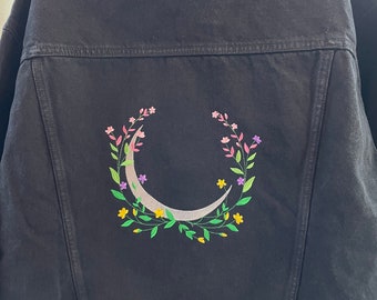 Embroidered Black Denim Jacket / Floral Wreath
