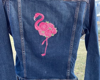 Embroidered Denim Jacket / Pink Rose Flamingo