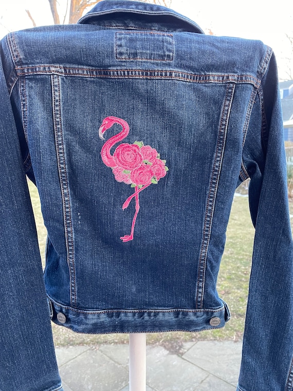 Embroidered Denim Jacket / Pink Rose Flamingo - Etsy