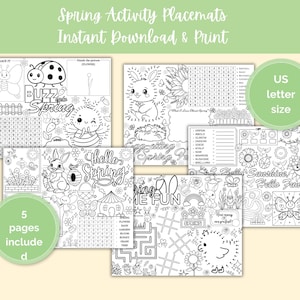 May include: A collection of five printable spring activity placemats. Each black and white page features different spring-themed games and puzzles, including word searches, mazes, and coloring activities. Text on the placemats includes "Spring Activity Placemats" and "Instant Download & Print."