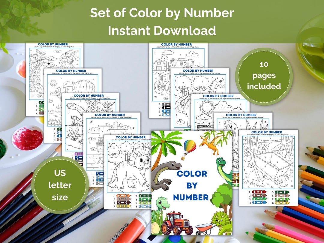 Coloring Pages For Rts Printable Color by Number for Boys, Kids Dinosaur & Vehicles Activity ...