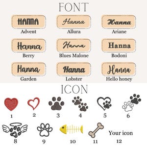 May include: A graphic featuring font styles and icons. The word "HANNA" is displayed in various fonts, including Advent, Allura, Ariane, Berry, Blues Malone, Bodoni, Garden, Lobster, and Hello Honey. Icons include hearts, paw prints, a fish skeleton, and a bone.