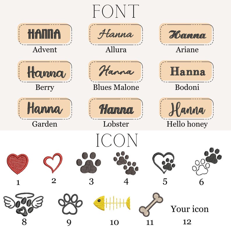 May include: A graphic featuring font styles and icons. The word "HANNA" is displayed in various fonts, including Advent, Allura, Ariane, Berry, Blues Malone, Bodoni, Garden, Lobster, and Hello Honey. Icons include hearts, paw prints, a fish skeleton, and a bone.