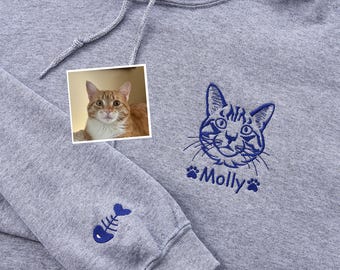 Custom Embroidered Cat Portrait Hoodie – Personalized Pet Memorial Gift