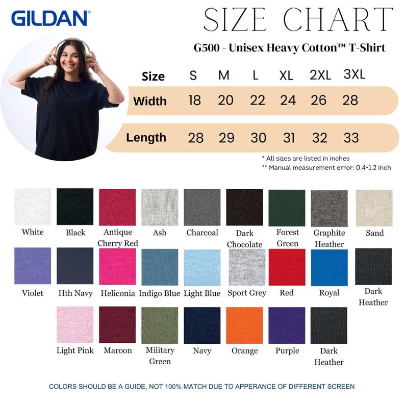 May include: A size chart for G500 Unisex Heavy Cotton T-shirts, with measurements in inches. The chart includes sizes S to 3XL, detailing width and length. A color palette displays various options, including white, black, and red. The Gildan logo is visible.
