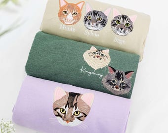 Custom Embroidered Cat Portrait Sweatshirt – Personalized Pet Memorial Gift