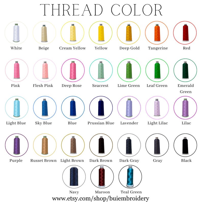 May include: A color chart displaying thread colors, including white, beige, cream yellow, yellow, deep gold, tangerine, and red. Additional colors include pink, flesh pink, deep rose, seacrest, lime green, leaf green, and emerald green. The chart also shows light blue, sky blue, blue, prussian blue, lavender, light lilac, and lilac.