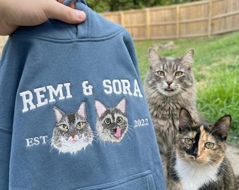Cat Mom Gift - Custom Embroidered Cat Line Art Hoodie - Personalized Two Cats Portrait From Photo - Birthday Gift for Cat Lover