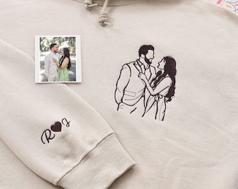Custom Embroidered Couple Portrait Hoodie, Personalized Anniversary Gift