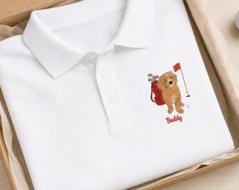 Camisa Polo de Golfe Bordada para Pais de Cachorro - Camisas Polo com Fotos Personalizadas de Cachorros - Camisa Polo Personalizada com Retrato de Animal de Estimação - Presentes de Golfe para Maridos
