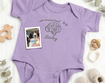 Embroidered Protected By Dog Baby Onesie - Custom Dog Portrait Baby Bodysuit - Dog Sibling Outfits - Newborn Gift For New Mom