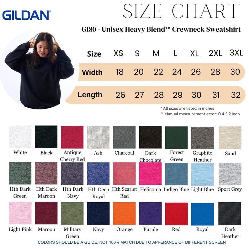 May include: A black Gildan G180 unisex heavy blend crewneck sweatshirt. The size chart shows measurements in inches, with widths from 18 to 30 inches and lengths from 26 to 32 inches. Color options include white, black, and various heathered shades.