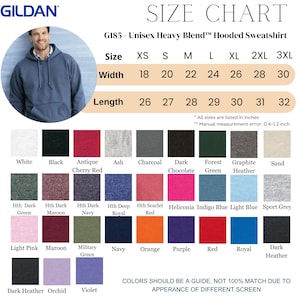 May include: A size chart for a G185 Unisex Heavy Blend hooded sweatshirt. The chart lists sizes XS to 3XL, with width measurements from 18 to 30 inches and lengths from 26 to 32 inches. Color swatches include white, black, and various shades.