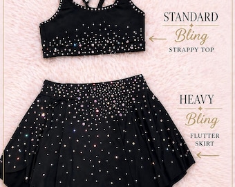 Custom rhinestone bling sports bra and shorts or skirts