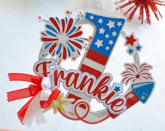 Fourth of July Birthday Cake Topper, 4th of July Decoration, Our Little Firecracker First Birthday, Red white and blue