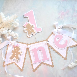 Pink Gingerbread Girl 1st Birthday Banner and Cake Topper Set