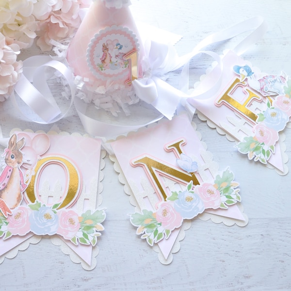 Peter Rabbit High Chair Banner, Pink & Gold Bunny Birthday High Chair Decor, Spring Birthday Garland, Flopsy Bunny 1st Birthday