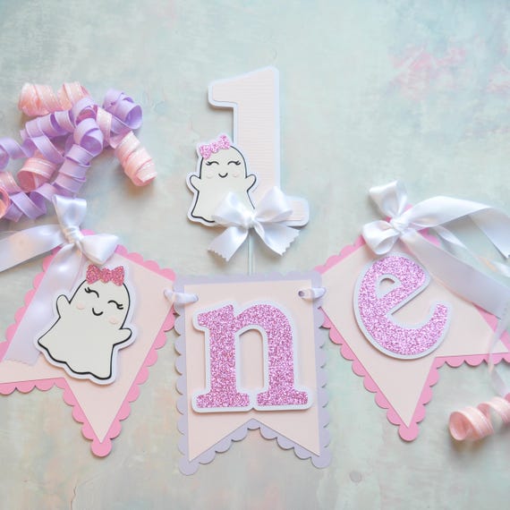 Pastel Ghost 1st Birthday Decorations, Cute Ghost High Chair Banner, Pink Halloween Cake Topper