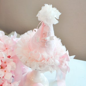 Pretty in Pink Girl First Birthday Party Hat, Pink White Lace First Birthday Outfit, Ballerina Princess Birthday Decor, 1st Birthday Gift