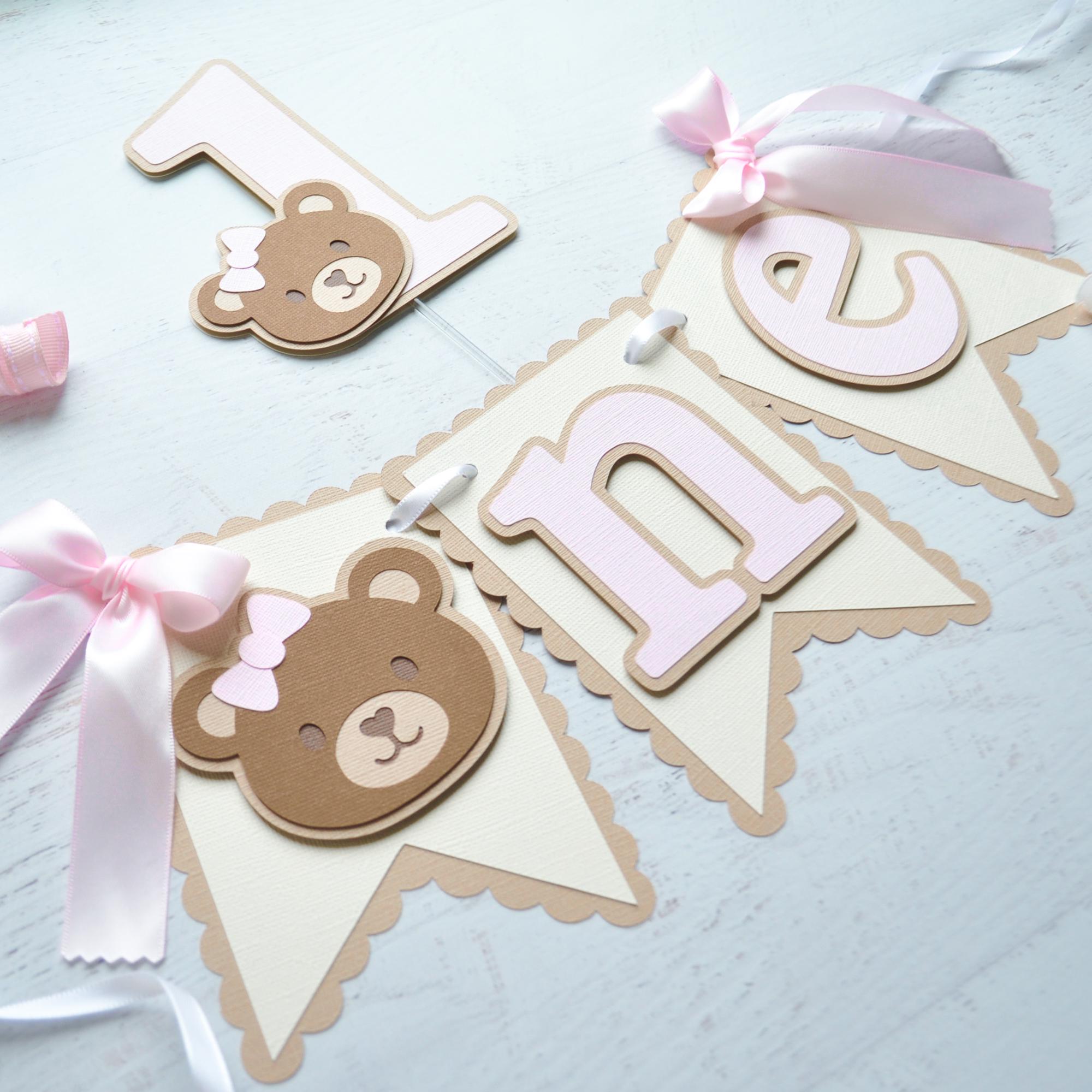 Pink Teddy Bear First Birthday Banner, Bear Cake Topper, Beary First ...