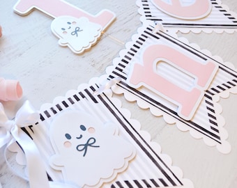 Spooky One 1st Birthday High Chair Banner & Cake Topper, Pink Ghost Decorations, Girl Halloween Decor