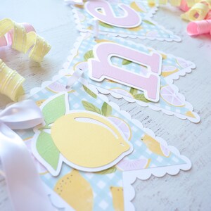 May include: A light blue and white banner with a scalloped edge. The banner has a lemon design and the word "Lemonade" in pink letters.