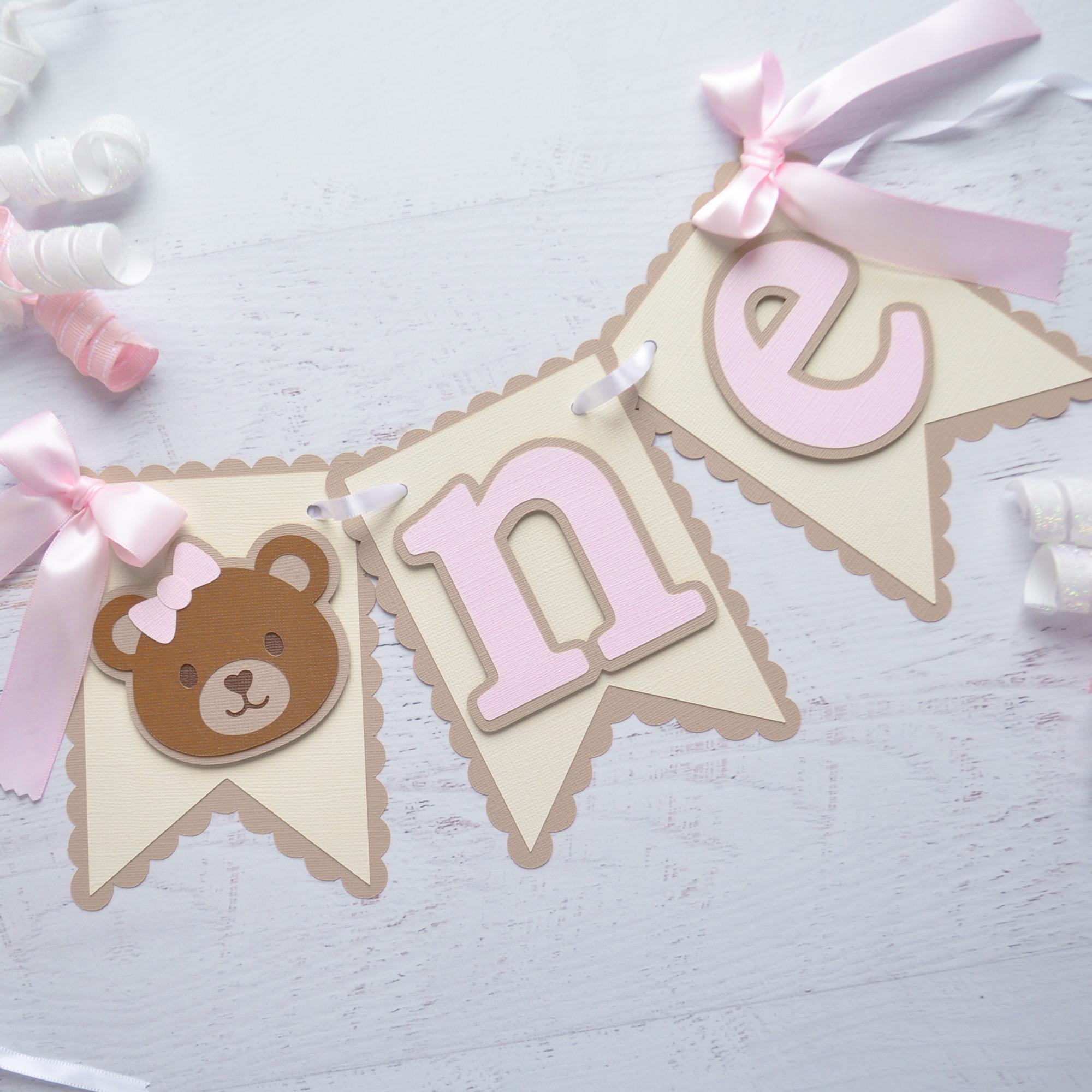 Pink Teddy Bear First Birthday Banner, Bear Cake Topper, Beary First ...