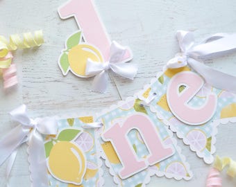 Pink Lemonade First Birthday High Chair Banner, Lemon Party Decor