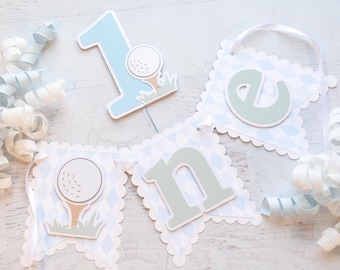 Preppy Boy Golf High Chair Banner: Hole in One Blue Gingham 1st Birthday Decorations