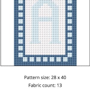 Könnte beinhalten: Ein Kreuzstichmuster mit blauem Rand und hellblau-weißem Innenraum. Die fertige Größe beträgt ca. 5,3 x 7,6 cm. Die Mustergröße beträgt 28 x 40.
