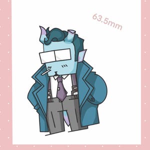 May include: Cartoon illustration of a blue character with horns, wearing a blue coat, glasses, and a purple tie, smoking a cigarette. The image includes the measurement 63.5mm.