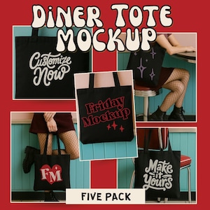 Puede incluir: Una maqueta de cinco bolsas de mano negras con varios diseños. Una bolsa dice "Customize Now" en escritura blanca, otra dice "Friday Mockup" en escritura roja, y una tercera dice "Make it Yours" en escritura blanca. La cuarta bolsa tiene un corazón con "FM", y la quinta bolsa tiene estrellas moradas.