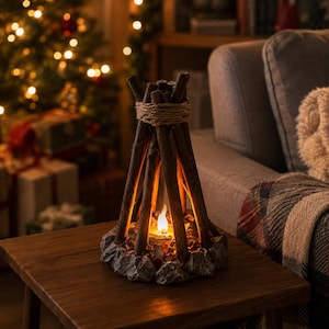 Puede incluir: Una lámpara decorativa de fogata con palos de madera marrón oscuro dispuestos en forma de tipi, atados con cuerda en la parte superior y colocados sobre una base de piedras grises texturizadas. Una llama artificial cálida brilla en el centro.