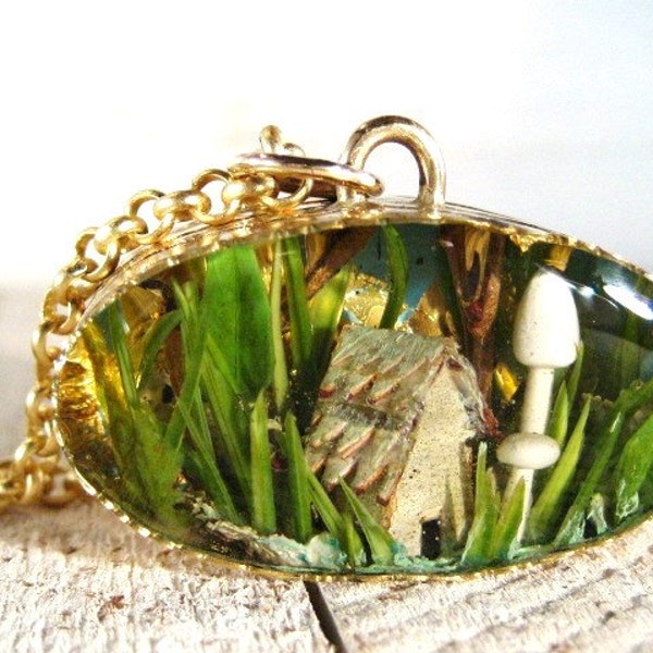 Tiny Terrarium Pendant with Birchbark House and Mushrooms