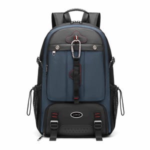 May include: A blue and black backpack featuring a top handle, adjustable shoulder straps, and side mesh pockets. The front includes a central carabiner, red stitching accents, two lower buckle straps, and a black oval patch with the text LORCA.