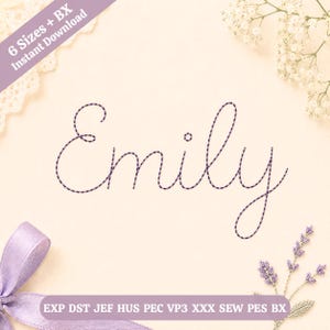May include: A digital embroidery design featuring the name Emily in a dark purple cursive font. The image includes a purple banner with the text 6 Sizes + BX Instant Download and a bottom banner listing file formats EXP, DST, JEF, HUS, PEC, VP3, XXX, SEW, PES, BX.