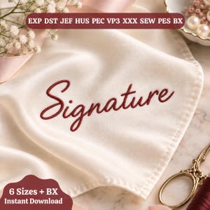 May include: An off-white fabric square featuring the word Signature embroidered in dark red script. The text EXP DST JEF HUS PEC VP3 XXX SEW PES BX is displayed at the top, and the text 6 Sizes + BX Instant Download is at the bottom.