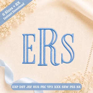 Puede incluir: Un diseño de bordado con las letras azules ERS en una fuente con serifa. El texto 6 Sizes + BX Instant Download aparece en la esquina, y el texto EXP DST JEF HUS PEC VP3 XXX SEW PES BX se muestra en la parte inferior de la imagen.