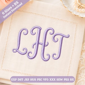 Może przedstawiać: Kwadratowa serwetka z tkaniny w kolorze złamanej bieli z wyhaftowanym fioletowym monogramem z literami LHT w kursywie. Na obrazie widoczny jest tekst 6 Sizes + BX Instant Download oraz EXP DST JEF HUS PEC VP3 XXX SEW PES BX.
