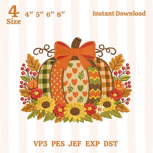 Patchwork Pumpkin Embroidery Design, Autumn Floral Machine Embroidery File, Gingham Bow Sunflower Fall Harvest Thanksgiving Pes Pattern